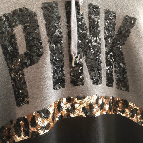 PINK Victoria’s Secret Gray Black Hoodie with Sequin Leopard Detailing Size L - Picture 2 of 4